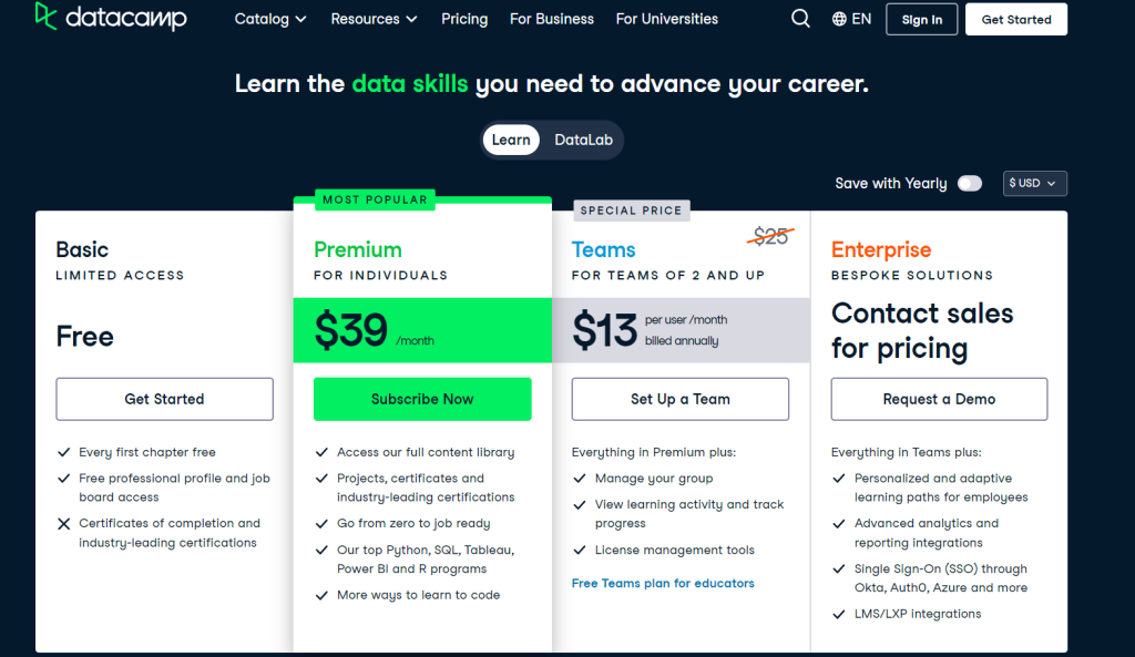 DataCamp Learn Pricing Plans