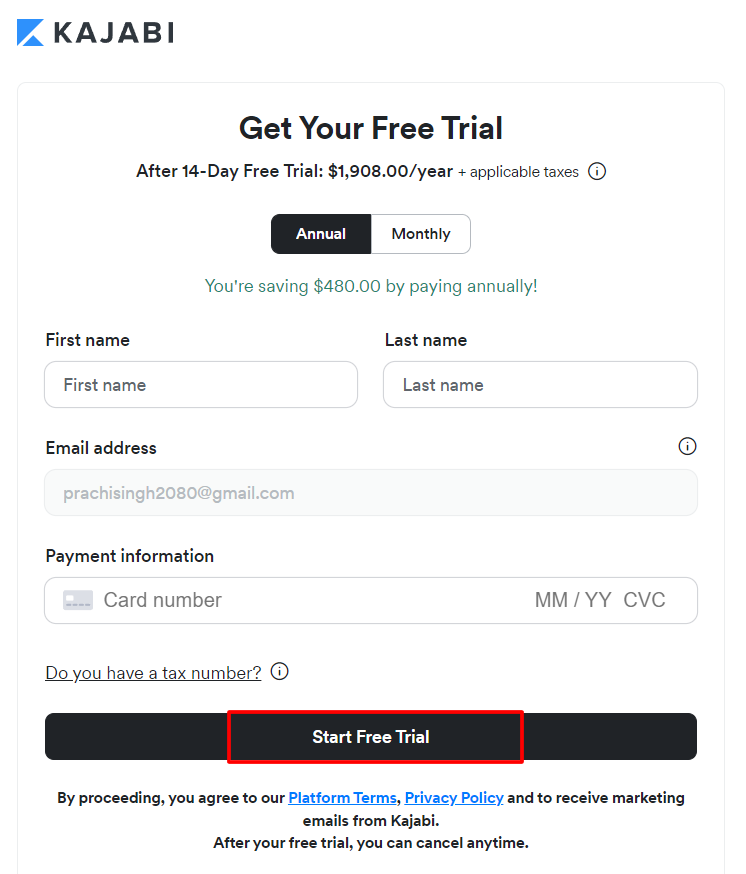 Enter Your Billing Details & Click Start Free Trial