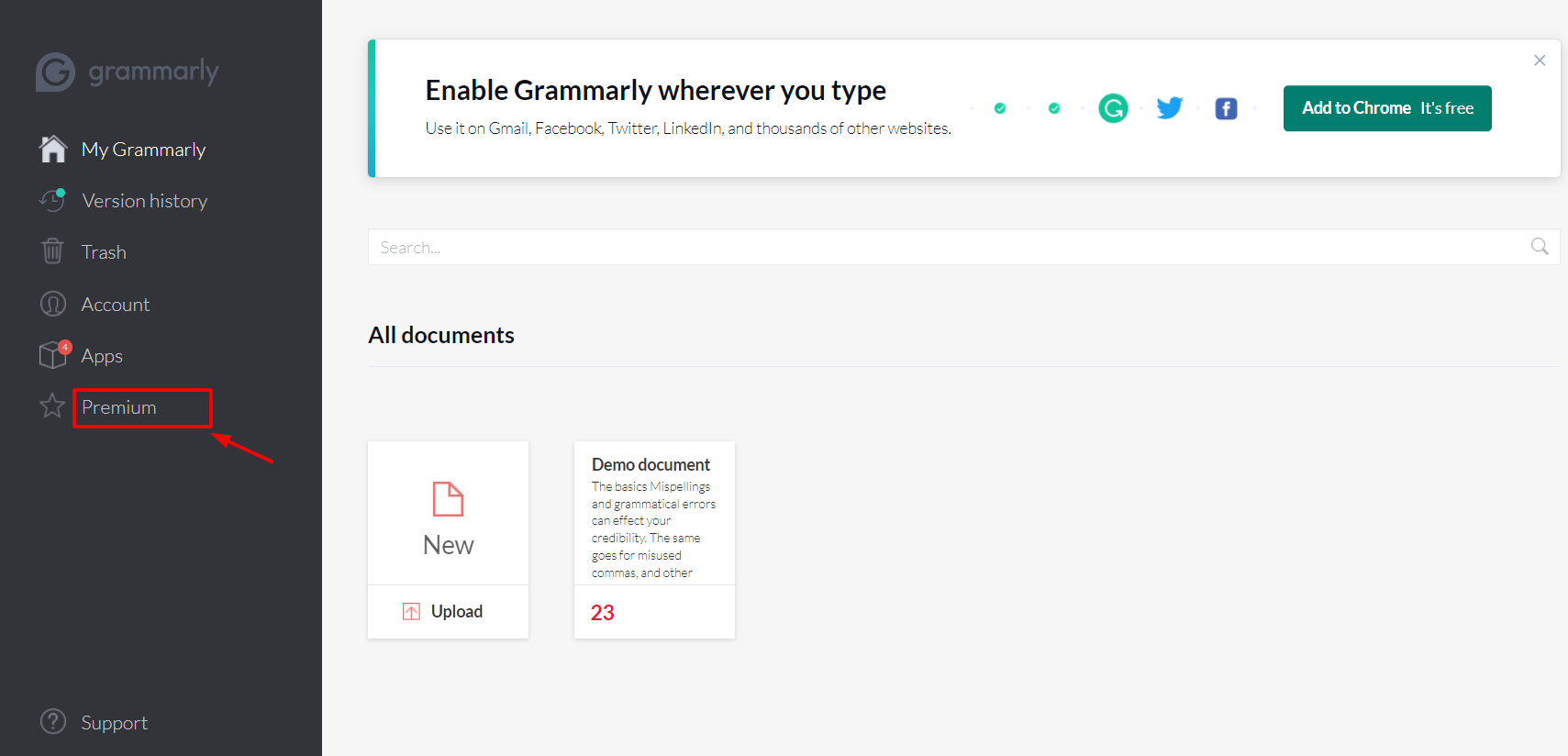 Grammarly Dashboard & Click On Premium