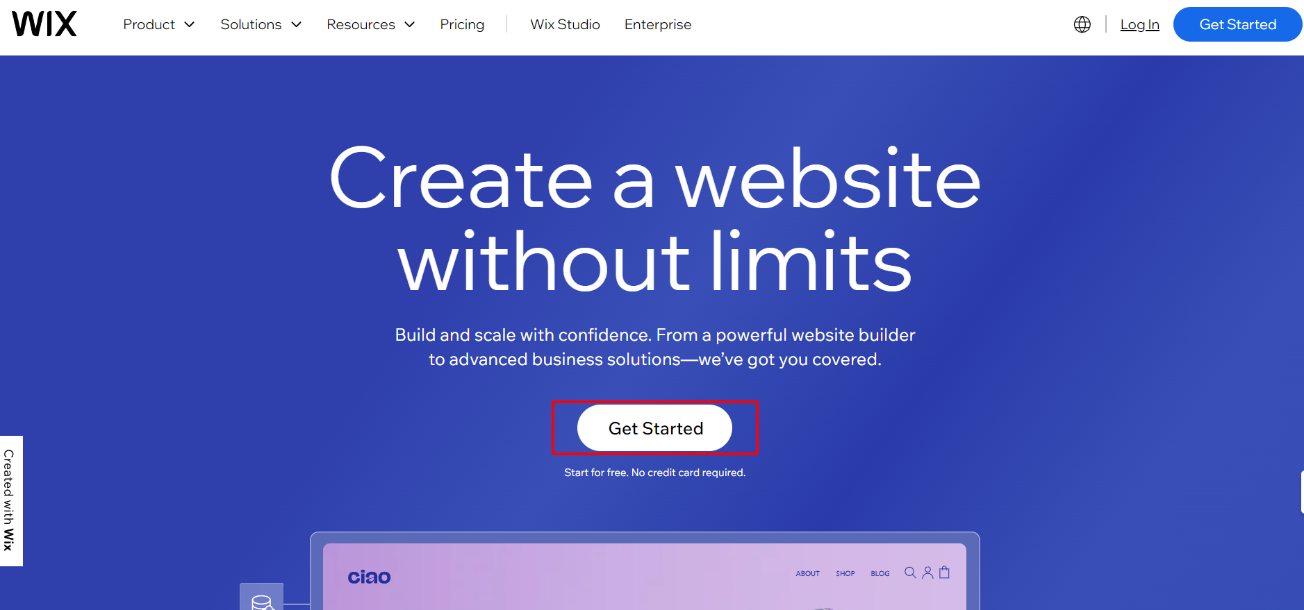 Wix HomePage & Click On Get Started