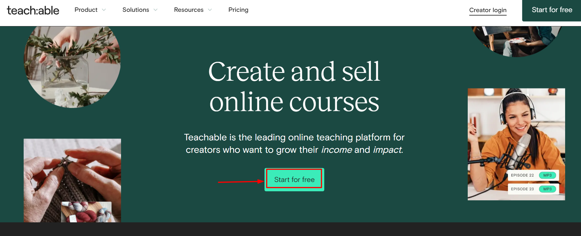 Teachable Website & Click Start For Free